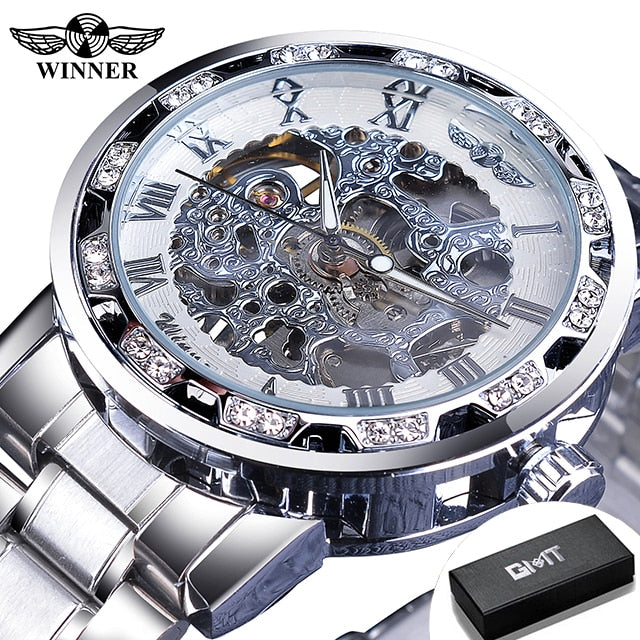 Winner Transparent Fashion Diamond Luminous Gear Movement Royal Design Men Top Brand Luxury Male Mechanical Skeleton Wrist Watch