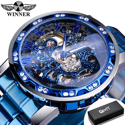 Winner Transparent Fashion Diamond Luminous Gear Movement Royal Design Men Top Brand Luxury Male Mechanical Skeleton Wrist Watch