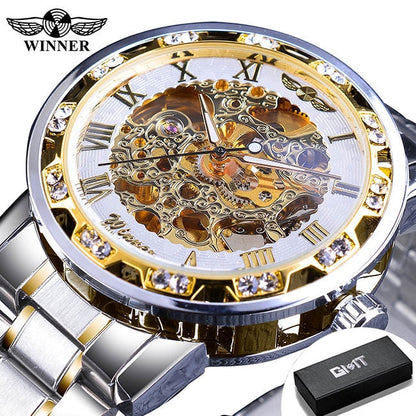 Winner Transparent Fashion Diamond Luminous Gear Movement Royal Design Men Top Brand Luxury Male Mechanical Skeleton Wrist Watch