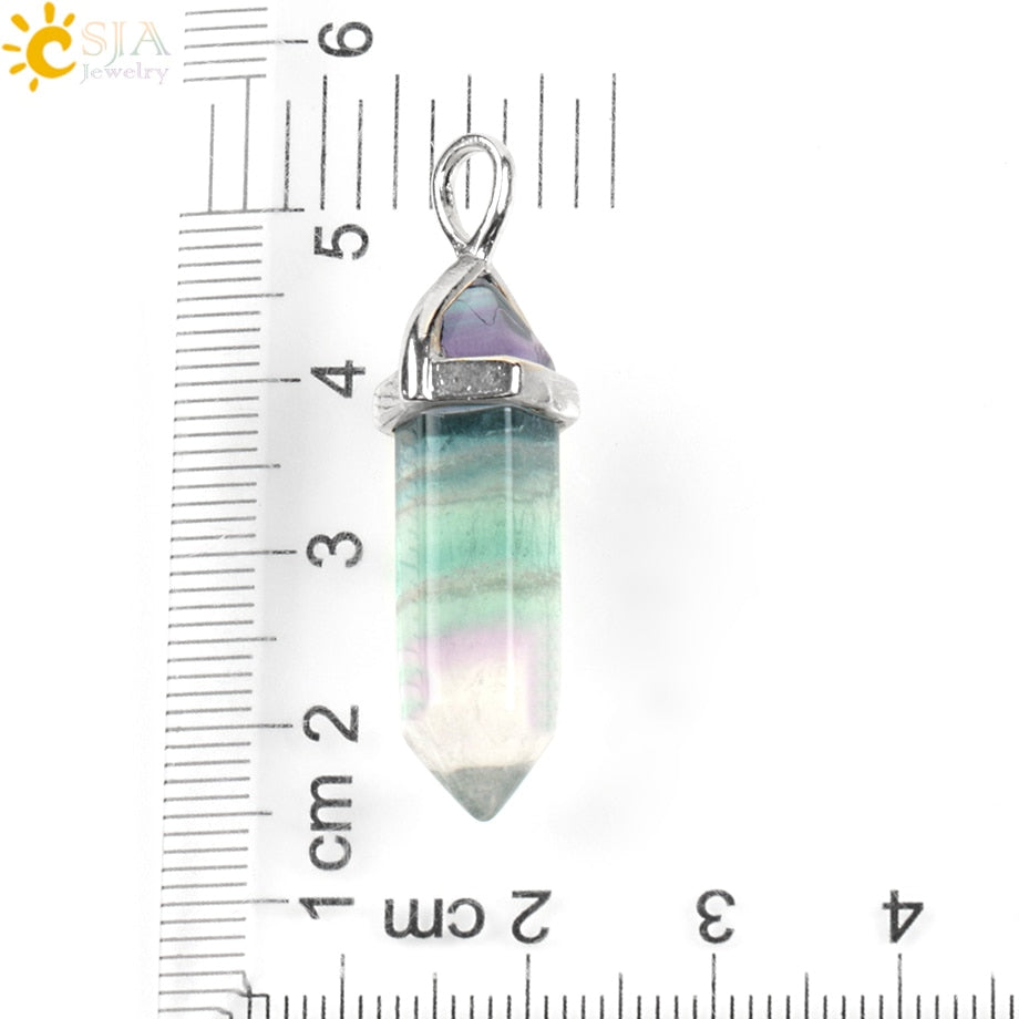 CSJA Fluorite Necklaces Crystal Pendants Suspension Natural Gem Stone Quartz Bullet Hexagonal Pendulum Reiki Chakra pendulo E546