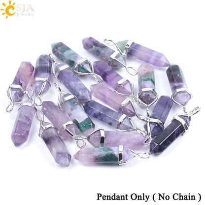 CSJA Fluorite Necklaces Crystal Pendants Suspension Natural Gem Stone Quartz Bullet Hexagonal Pendulum Reiki Chakra pendulo E546