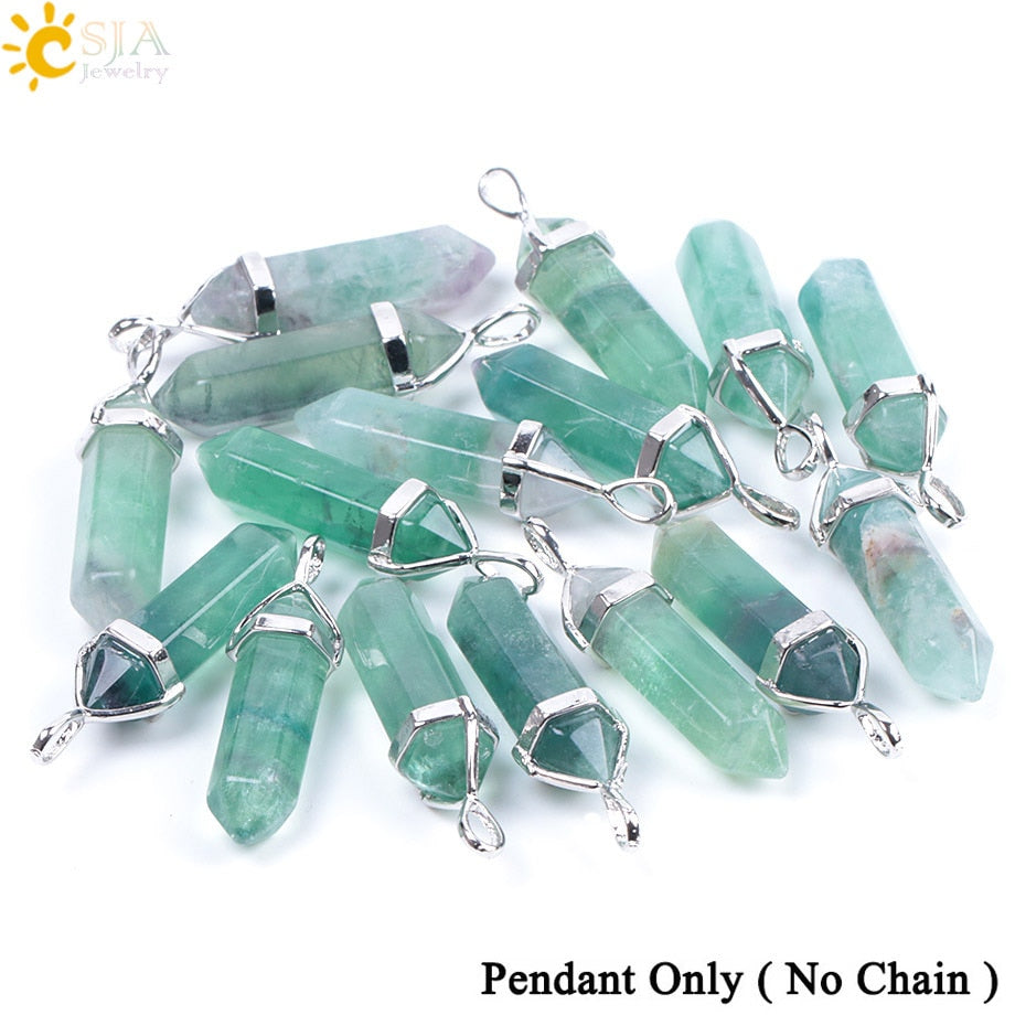 CSJA Fluorite Necklaces Crystal Pendants Suspension Natural Gem Stone Quartz Bullet Hexagonal Pendulum Reiki Chakra pendulo E546