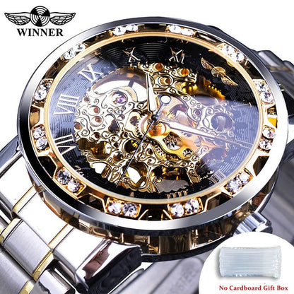 Winner Transparent Fashion Diamond Luminous Gear Movement Royal Design Men Top Brand Luxury Male Mechanical Skeleton Wrist Watch