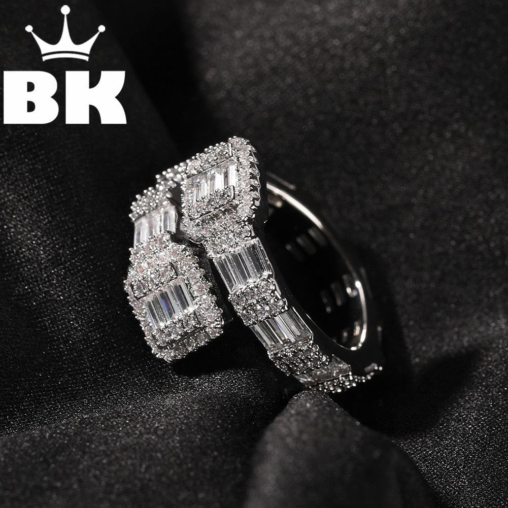 Hip Hop New Men&#39;s Baguette Adjustable Custom Men Ring Famous Brand Iced Out Micro Pave Cz Punk Rap Jewelry Size